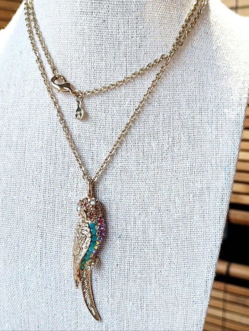 Turquoise Red AB Rhinestone Encrusted Parrot Bird Cabochon Gold Tone Necklace